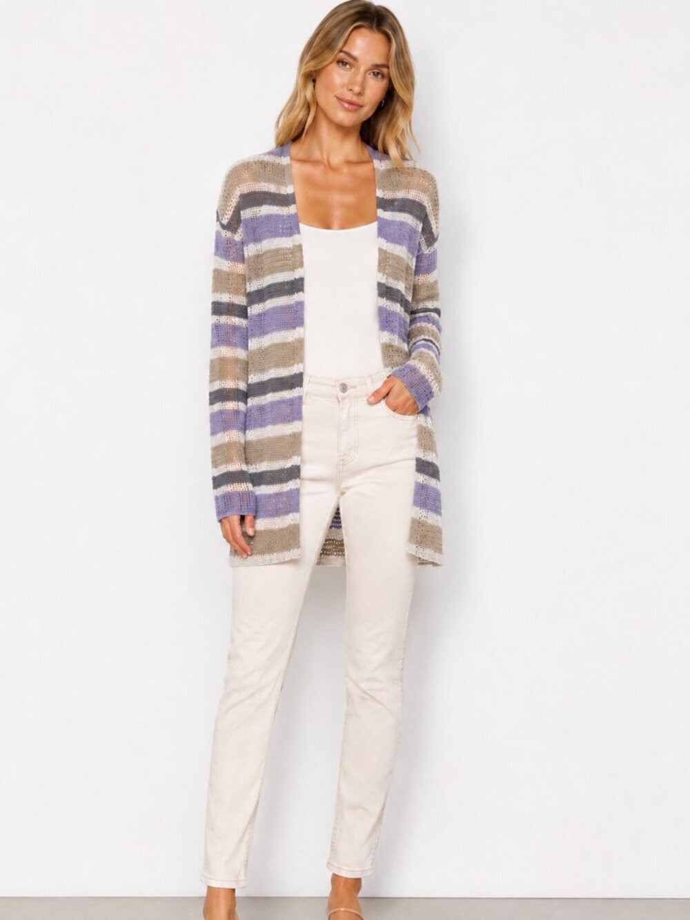 L'AGENCE Koi Metallic Striped Open Knit Longline Duster Cardigan NWT Large Lilac